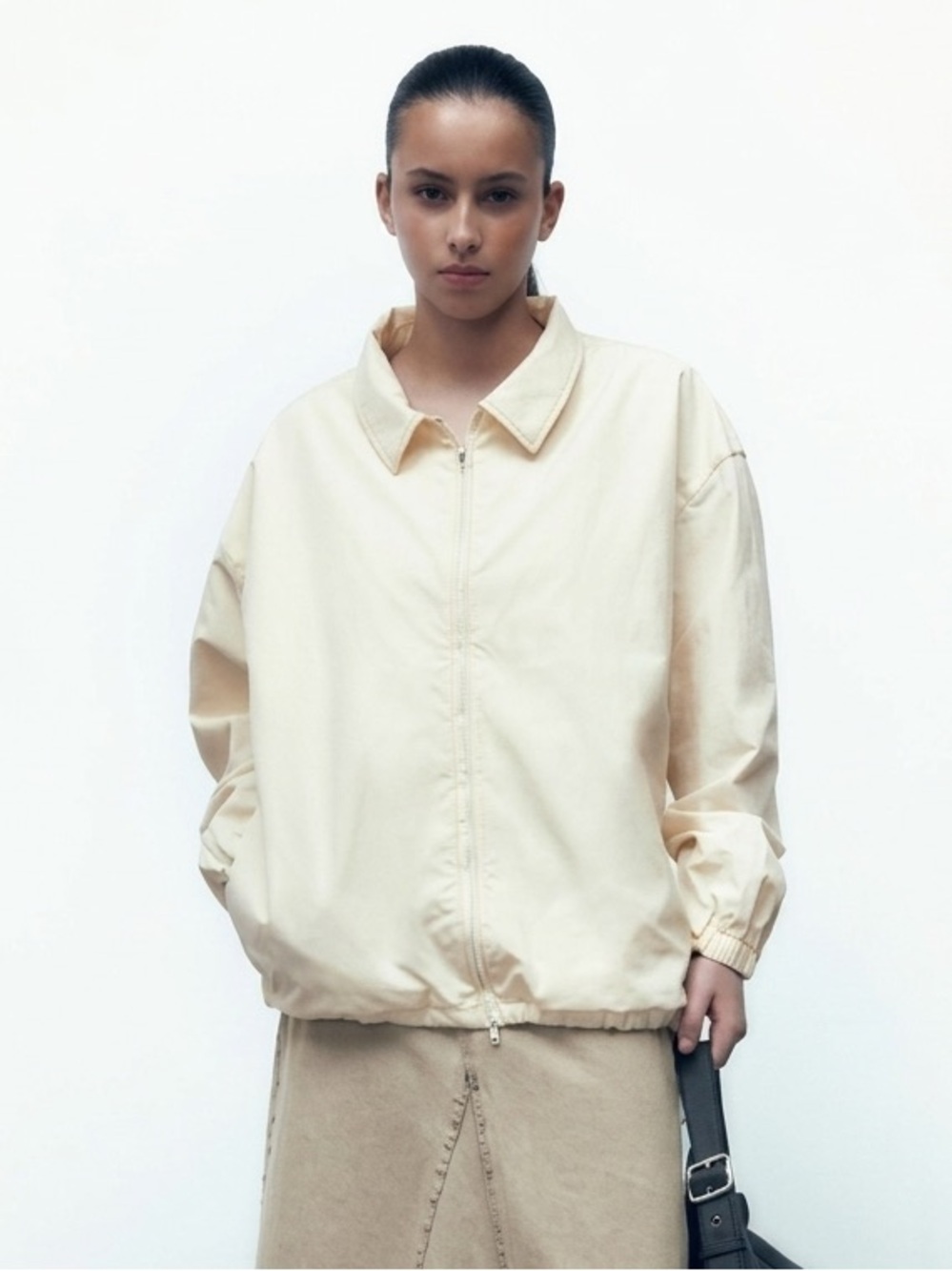 Zara Jogger Jacket Oyster White Zip Front Mesh Lined Size M